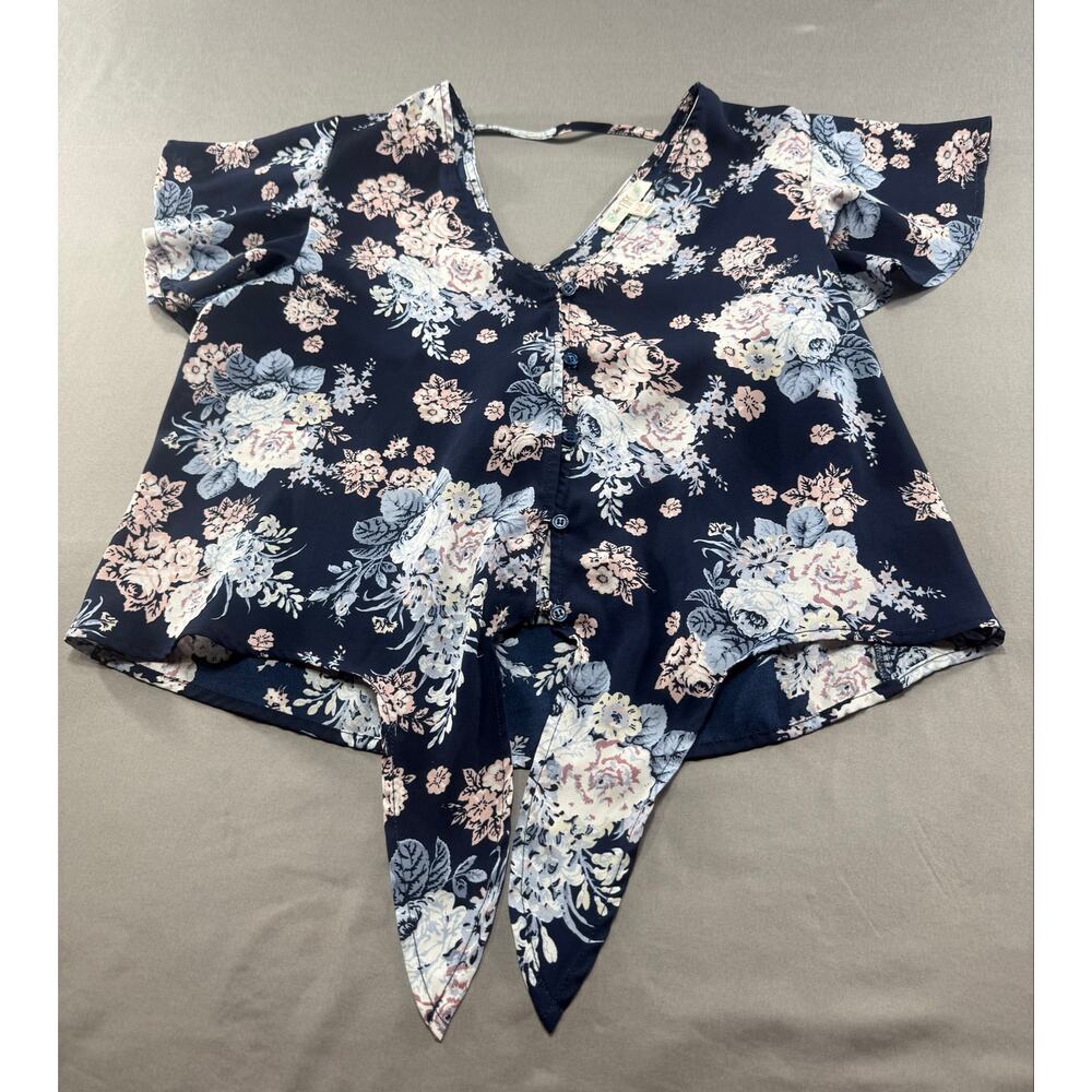 Love Fire Women’s Floral Tie Front Blouse Navy Pink Blue Flutter Sleeve Top M